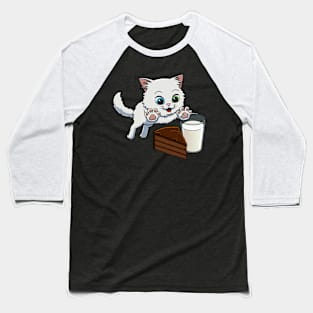 Turkish Angora Cat excited to have Chocolate Cake with Milk Baseball T-Shirt